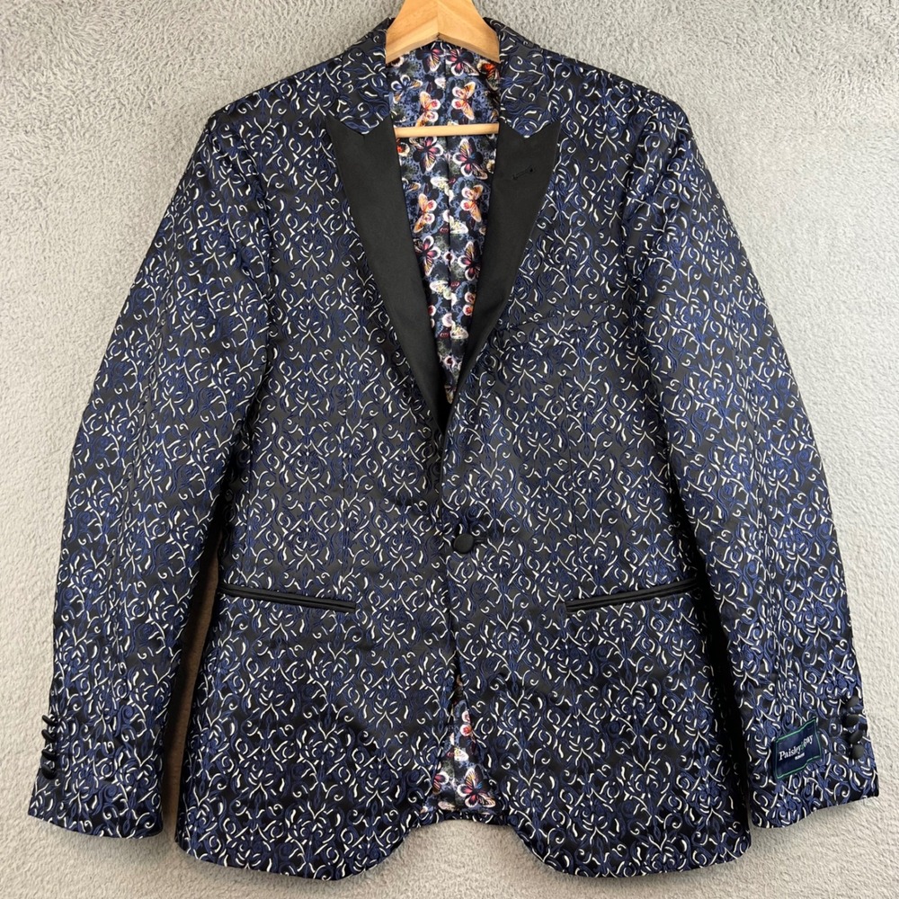 Paisley & Gray Mens Slim Fit Tuxedo Blazer Navy Blue Silver Floral Jacquard 36R